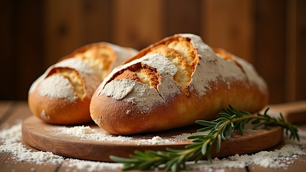 Artisanal sourdough loaves cooling on wooden bread board with flour dusting and fresh rosemary sprigs