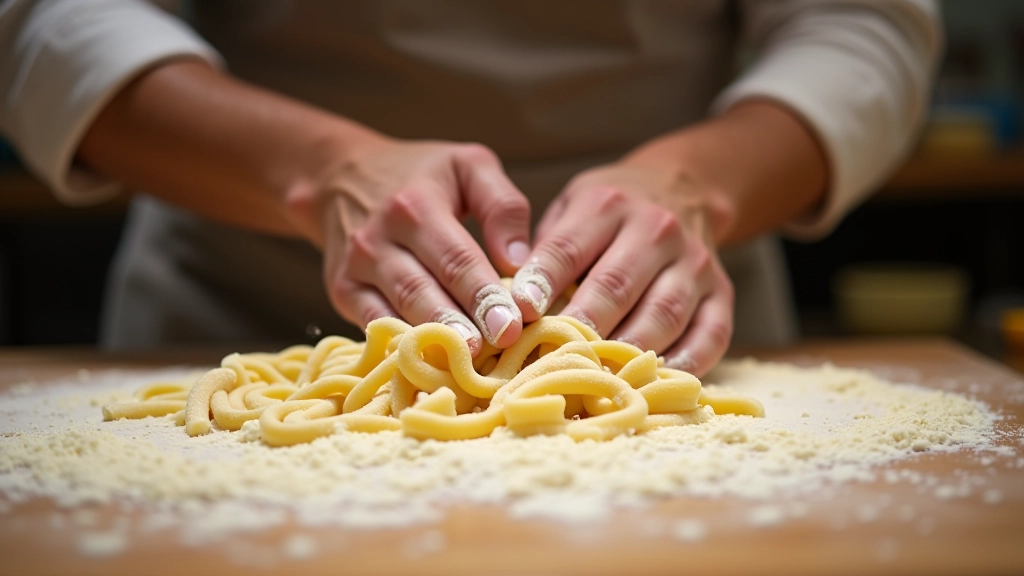 Chef hands demonstrating pasta technique on wooden board with flour, warm kitchen lighting, close-up of traditional cooking method