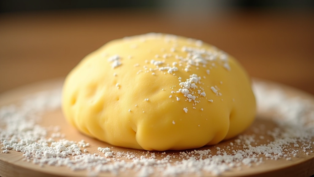 Close-up of fresh egg pasta dough with dusting of flour on wooden work surface
