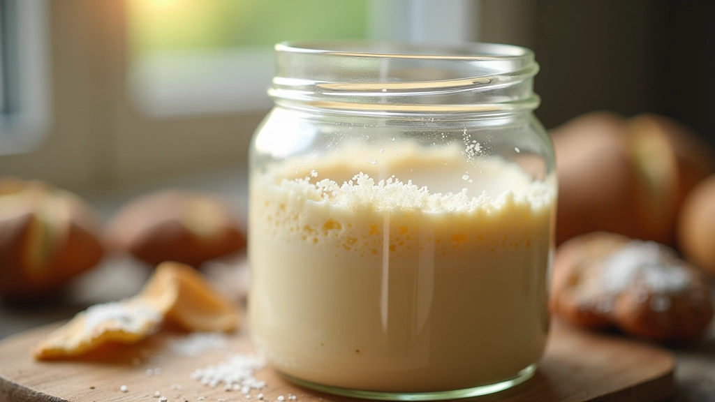 Close-up of sourdough starter bubbling actively in glass jar with clear fermentation activity visible