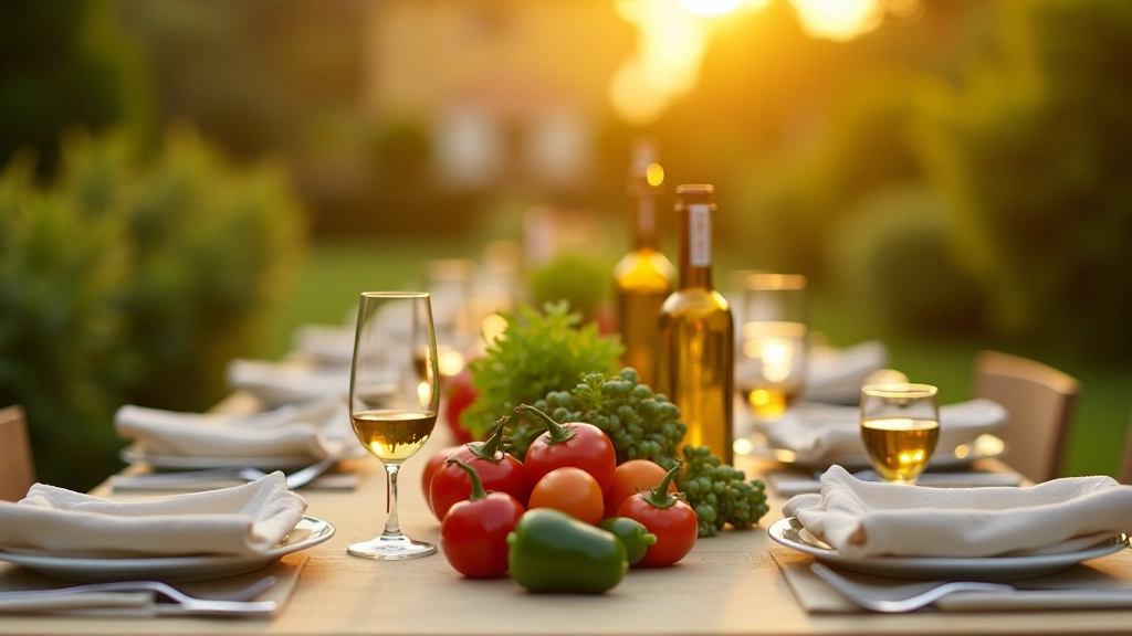 Farm-to-table dinner table set with fresh flowers, place settings, and prepared dishes