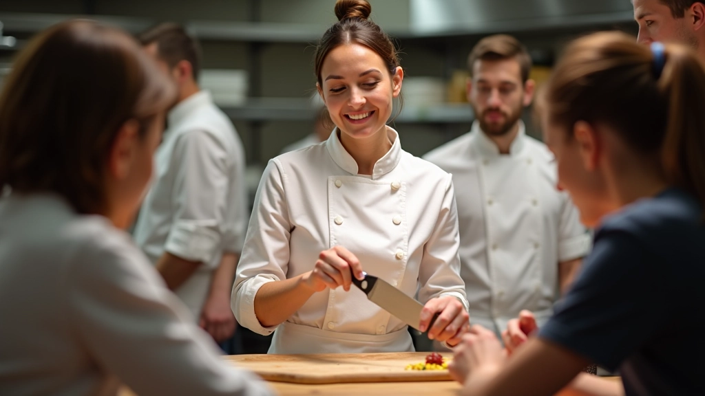 Instructor demonstrating proper knife technique to students gathered around a central demonstration table