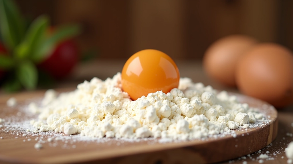 Flour mound on wooden surface with egg in center well, ready for mixing