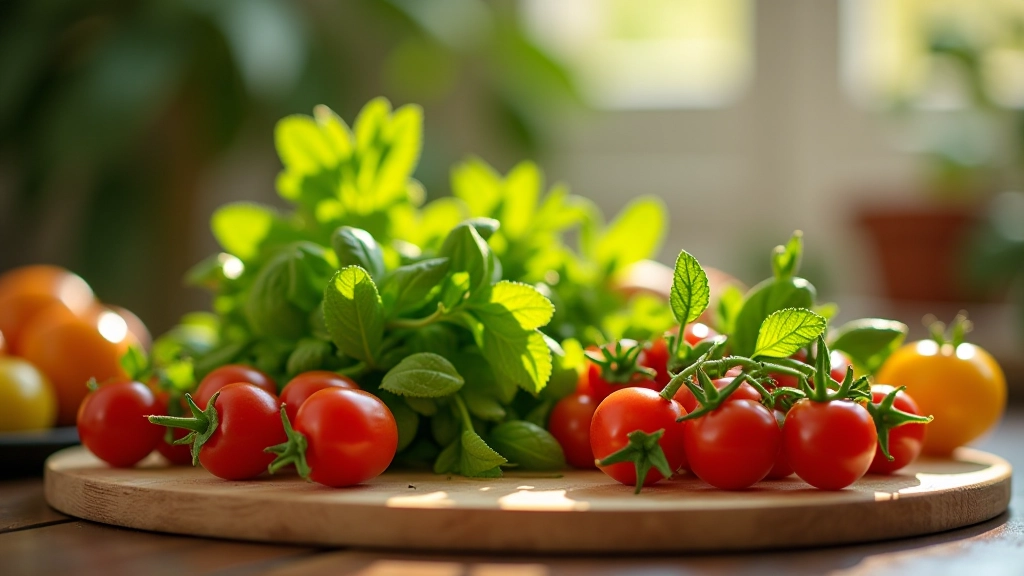 Close-up of fresh herbs and seasonal produce on wooden cutting board with natural morning light