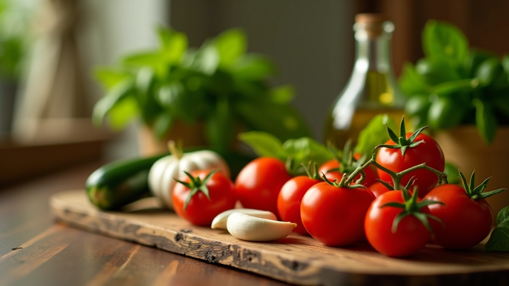 Array of fresh Mediterranean ingredients including tomatoes, olive oil, fresh basil, garlic, and zucchini arranged on wooden surface