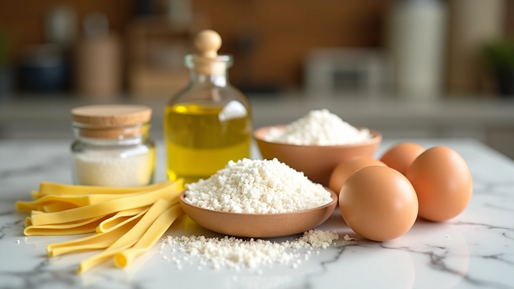 Ingredients for fresh pasta arranged on marble surface: flour mound, eggs, salt, olive oil, and semolina