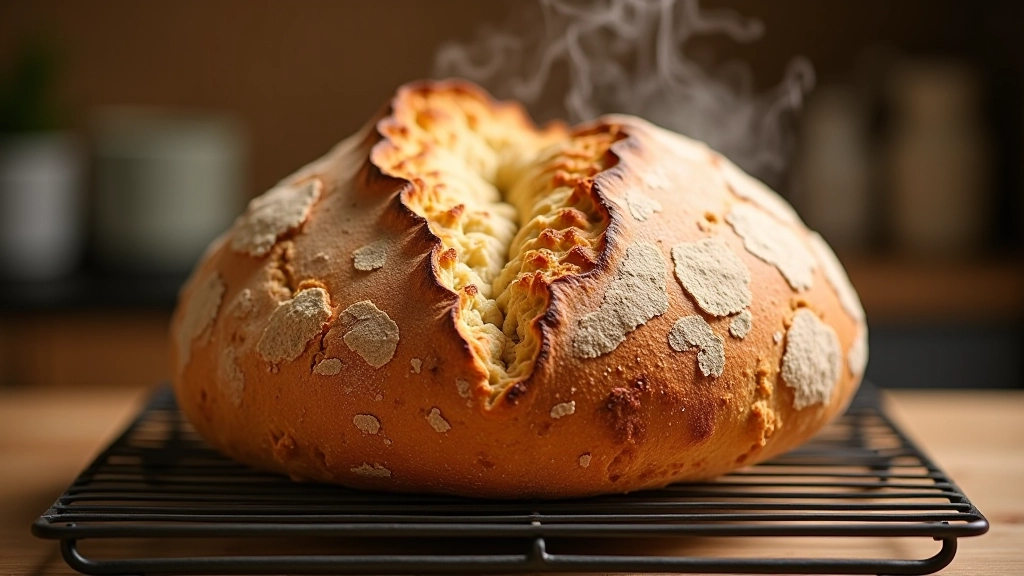 Freshly baked sourdough loaf with deep golden-brown crust and dramatic scoring pattern, steam rising