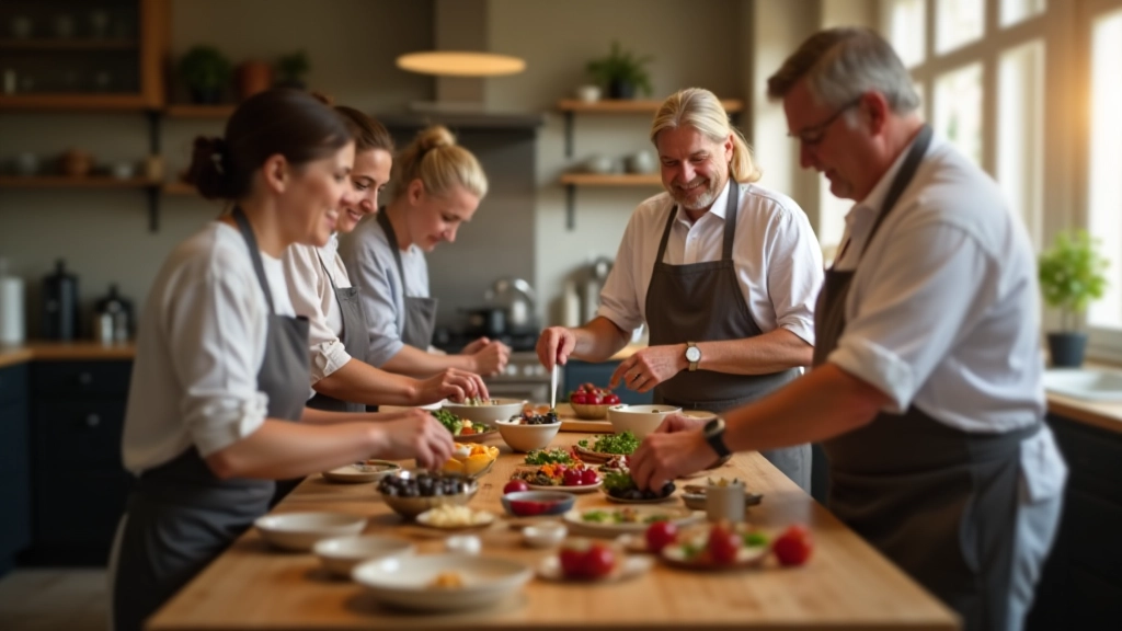 Group of adults cooking together in modern kitchen, collaborative atmosphere, natural window lighting, shared meal preparation