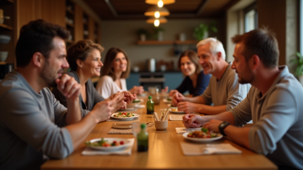 People seated at long wooden table tasting and enjoying food together in warm studio lighting