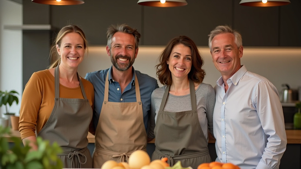 Group of adults aged 40-60 smiling together in a bright cooking studio with modern kitchen stations