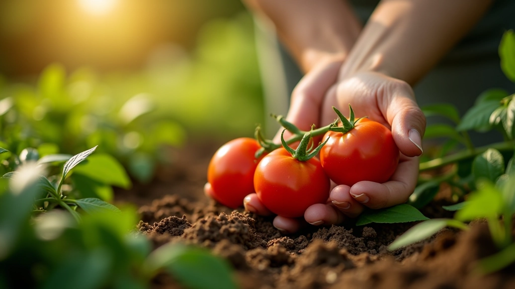 Hands harvesting fresh organic vegetables from soil in morning garden light