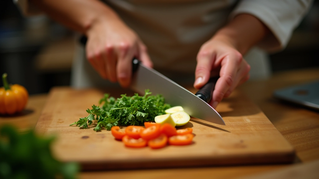 Close-up of hands holding knife properly on cutting board with fresh vegetables, demonstrating proper technique