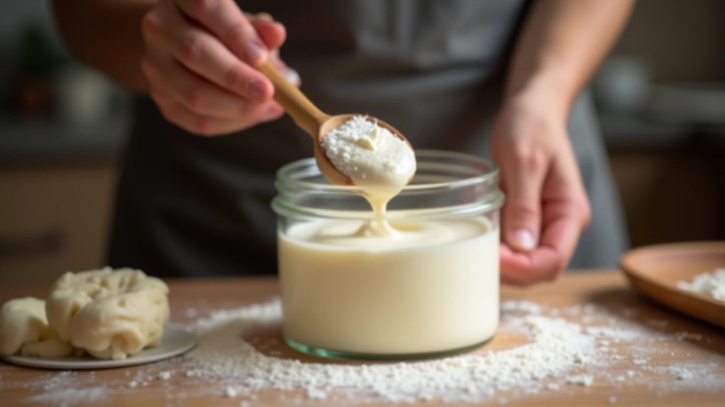 Hands holding wooden spoon over starter jar, showing creamy texture and strength of mature sourdough culture