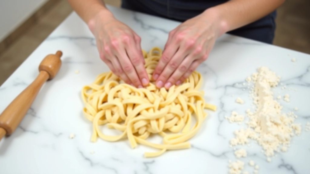 Hands kneading fresh pasta dough on marble countertop with flour scattered around