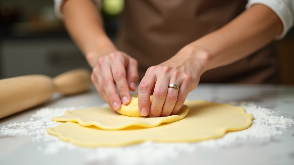 Hands kneading pasta dough showing proper technique with folding motion