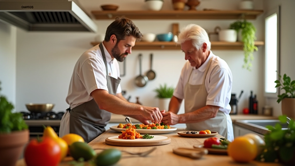 Culinary class in progress with Mediterranean ingredients and instructor