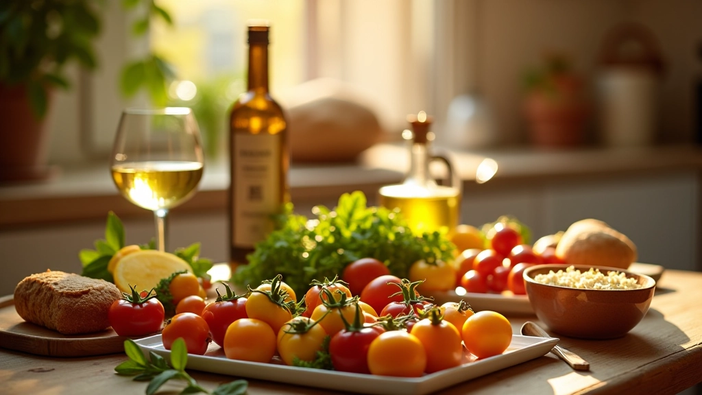 Mediterranean dining table with fresh ingredients, natural lighting from window, warm atmosphere with wine glasses and bread