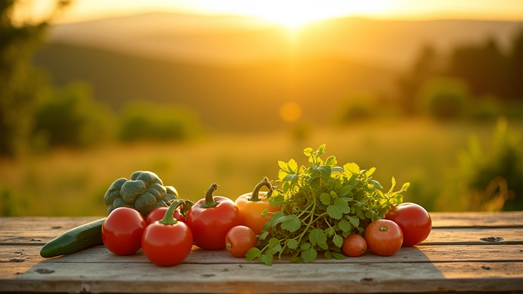 Farm dinner table outdoors at golden hour with fresh Mediterranean vegetables arranged on rustic wooden surface