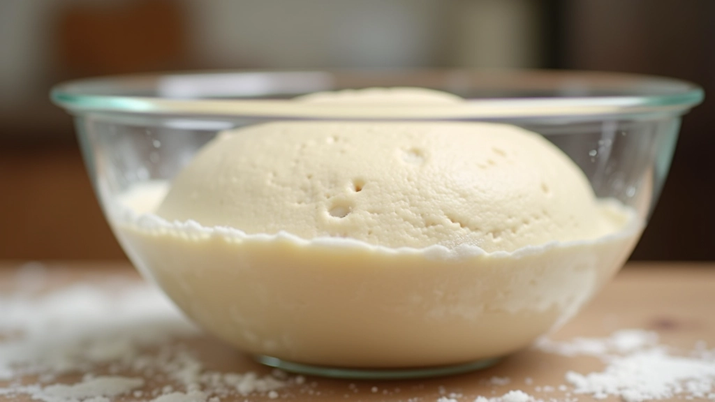 Sourdough dough in glass bowl showing fermentation progress with visible bubbles and surface development at various stages