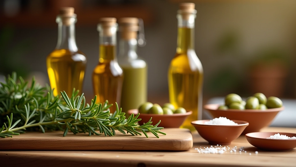 Portuguese kitchen counter with fresh herbs, olive oil bottles, and traditional ceramic bowls with Mediterranean ingredients